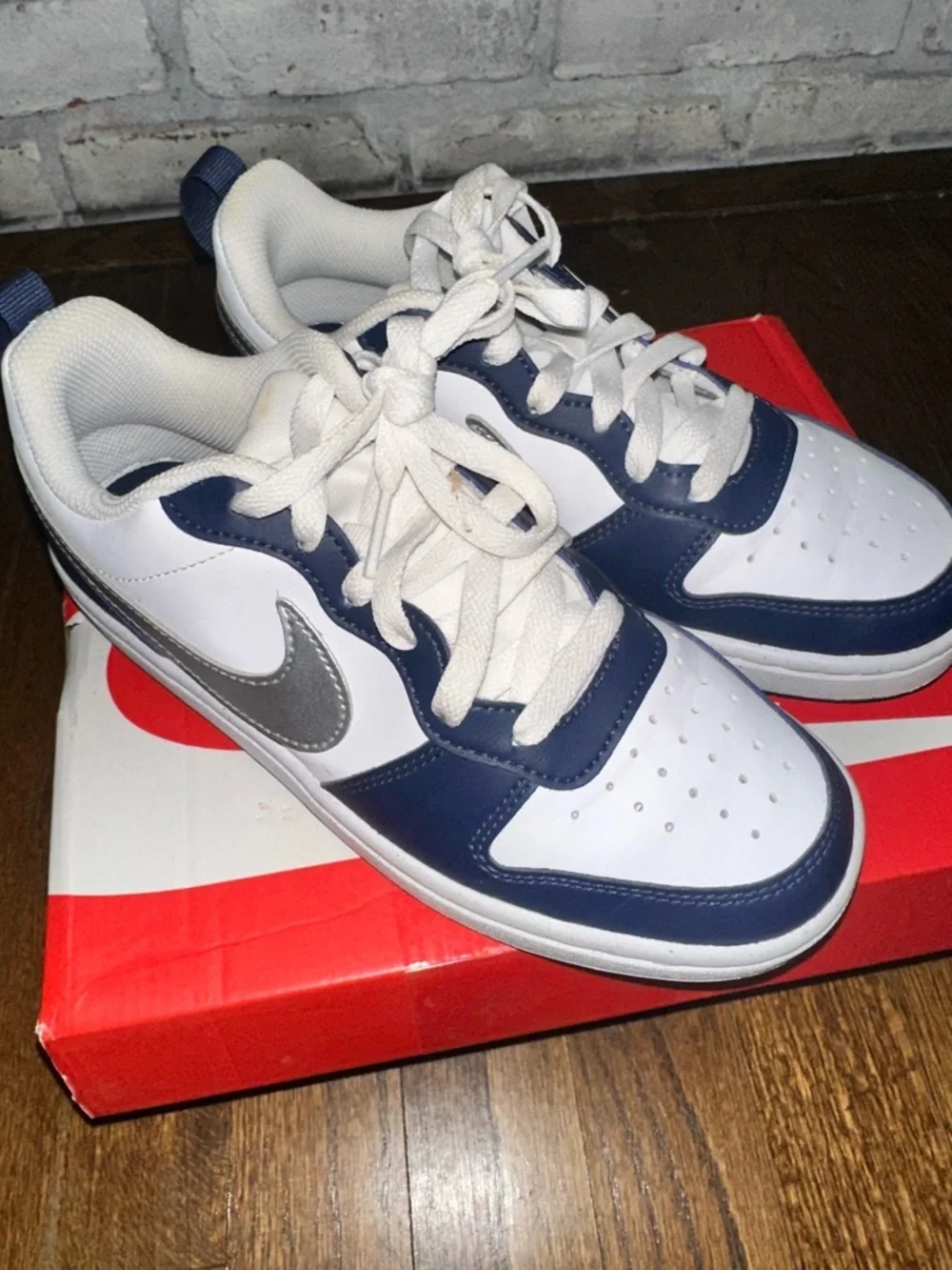 Nike Court Borough Low Recraft Sneakers in White Navy Metallic Silver - EUC 4Y
